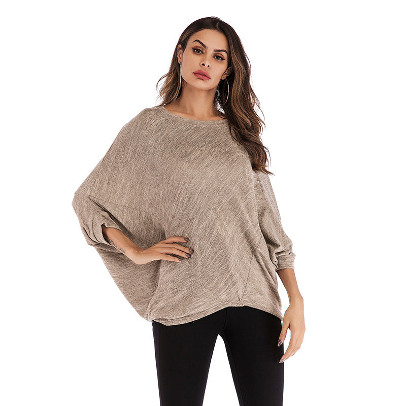 Loose Knit Top with Batwing Sleeves and Crewneck