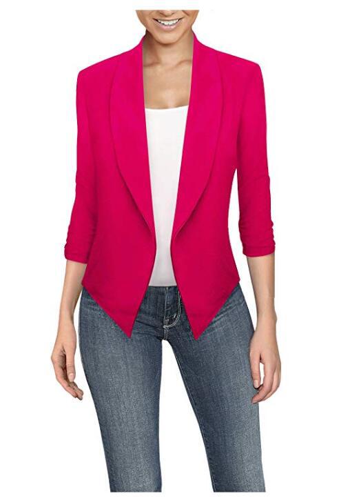 Solid Draped Lapel Blazer with 3/4 Sleeves and Asymmetrical Hem