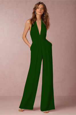 Wide-Leg Jumpsuit with Halter Neck and Deep V-Neck