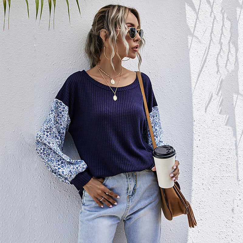 Patchwork Waffle Knit Top with Floral Print Sleeves