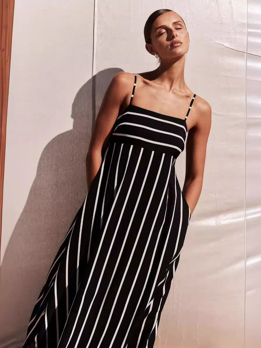 Striped A-Line Maxi Dress with Pockets and Spaghetti Straps