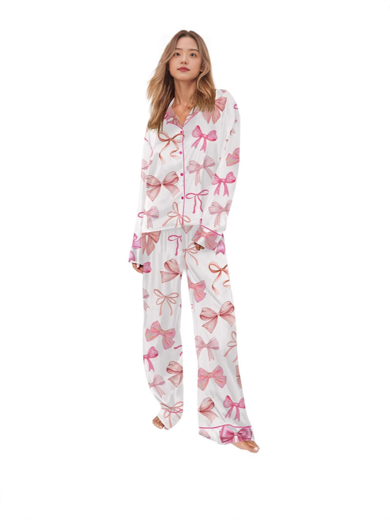 Bow Print Pajama Set with Button-Front and Long Sleeves