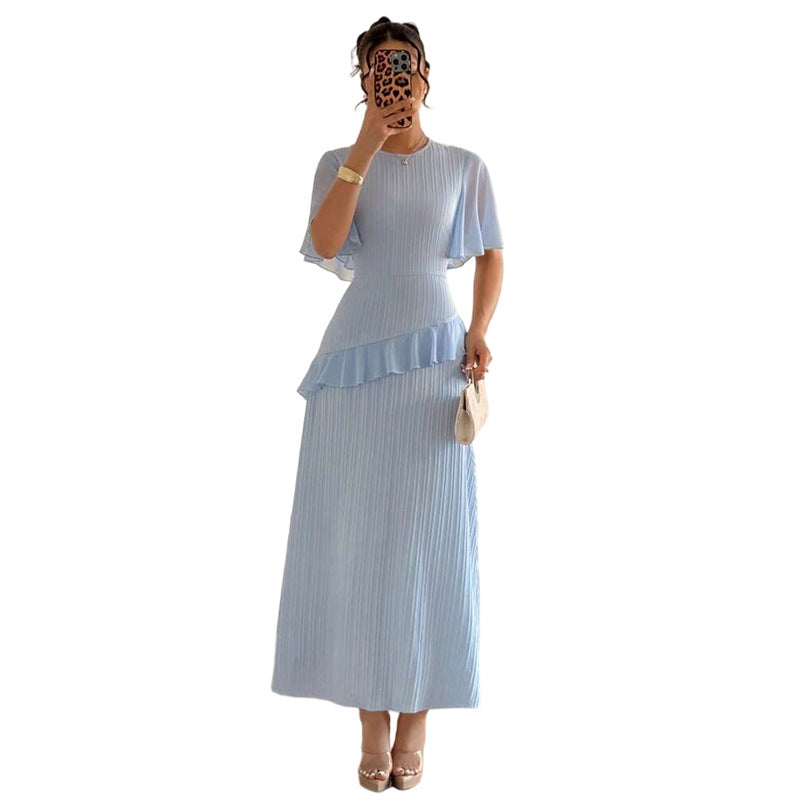 Pleated A-Line Maxi Dress with Flutter Sleeves and Ruffle Detail