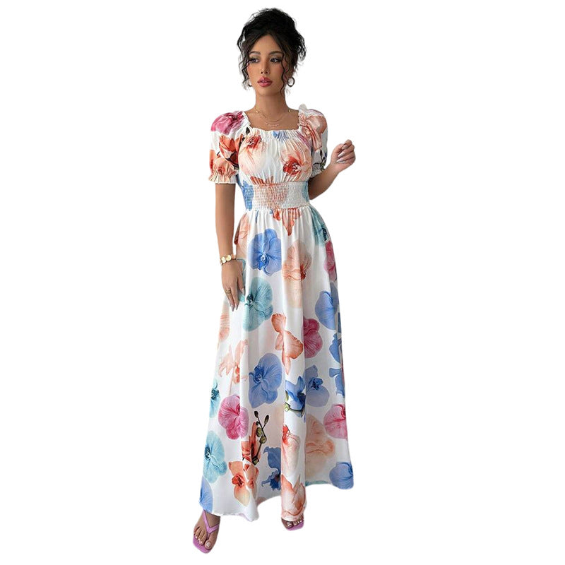Floral Print A-Line Maxi Dress with Puff Sleeves and Smocked Waist