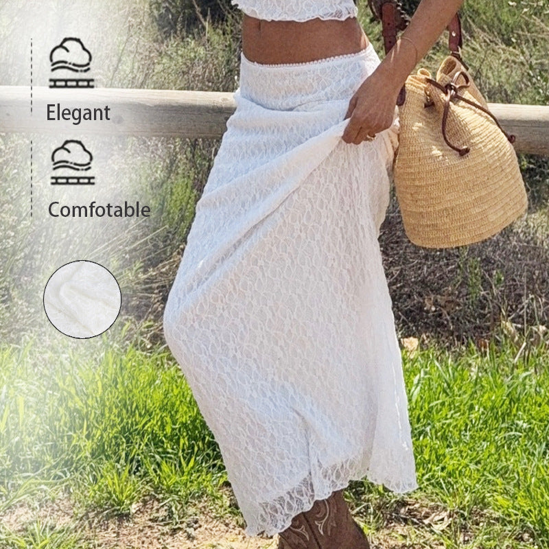 A-Line Lace Maxi Skirt with Sheer Gauze Detail