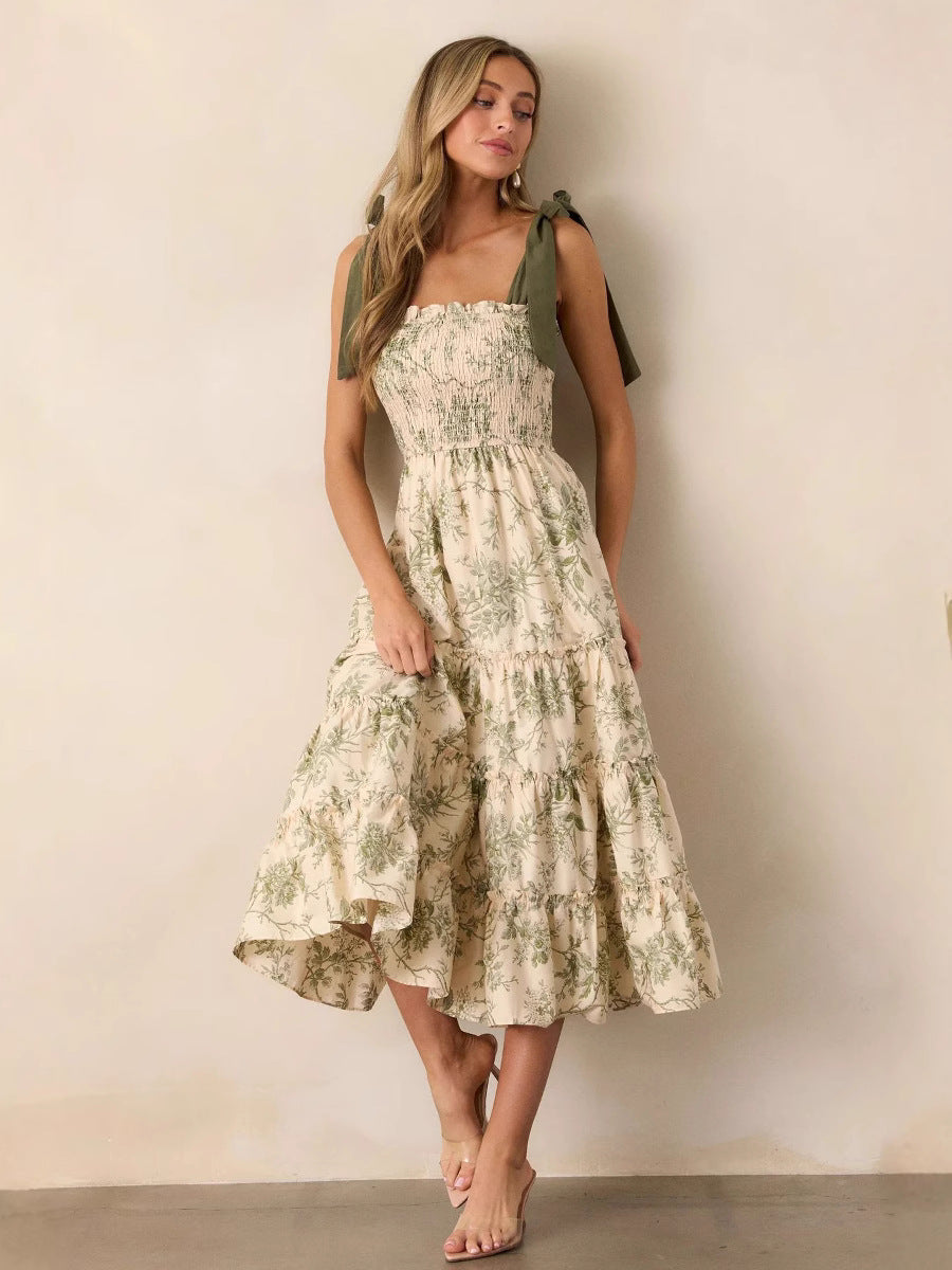 Tiered Floral Midi Dress with Smocked Bodice and Tie Straps