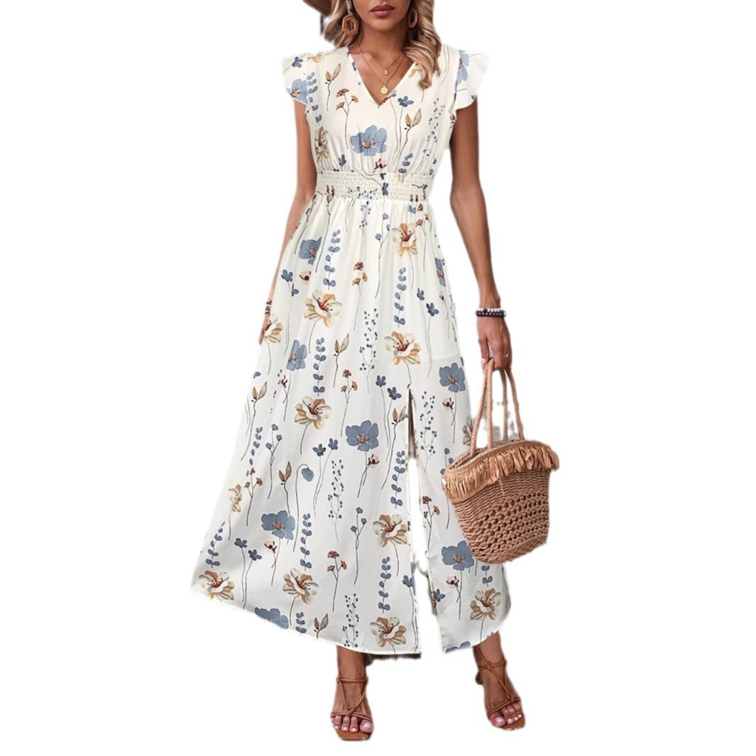 Floral V-Neck Maxi Dress with Flutter Sleeves and Side Slit