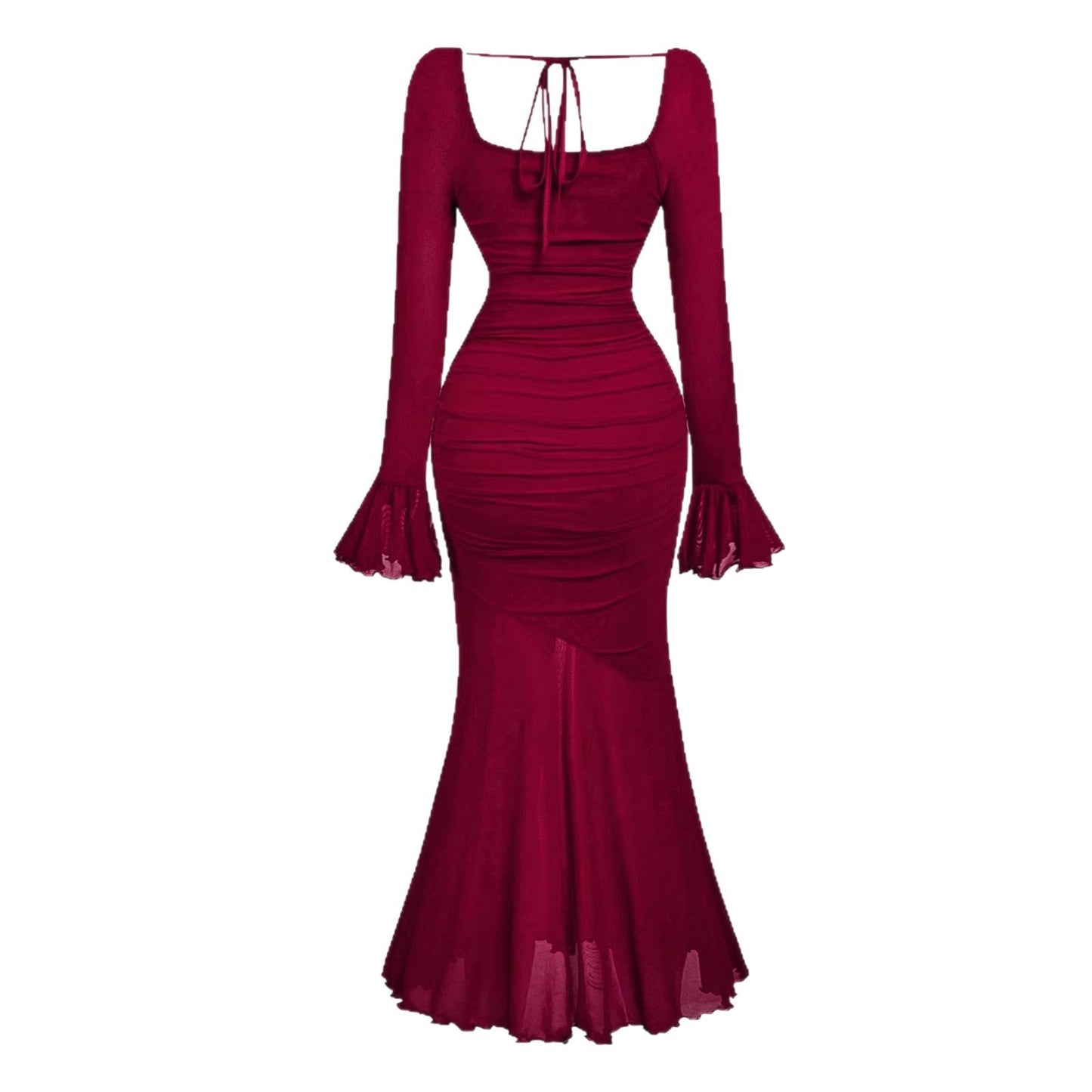 Ruched Fishtail Maxi Dress with Square Neck and Flared Sleeves