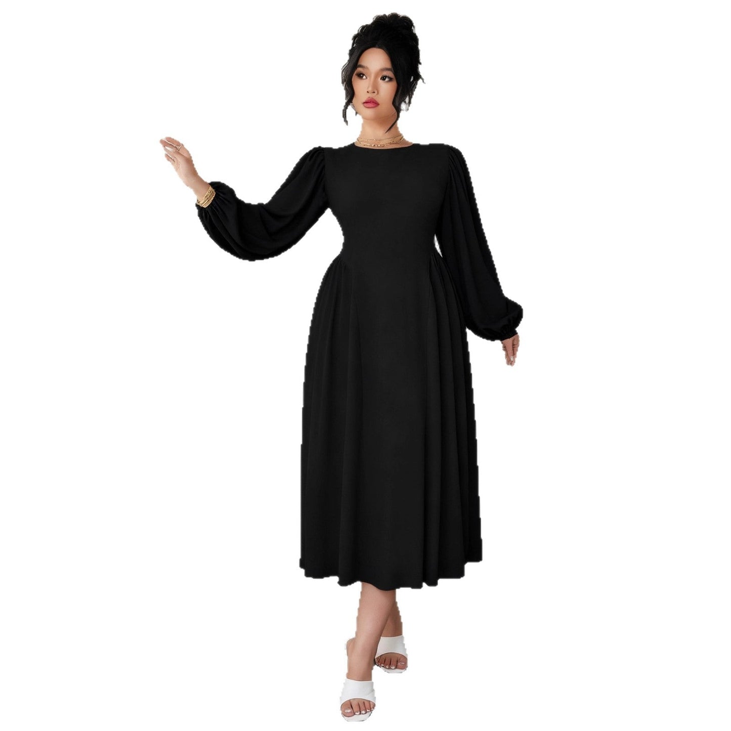 A-Line Midi Dress with Puff Sleeves and High Waist