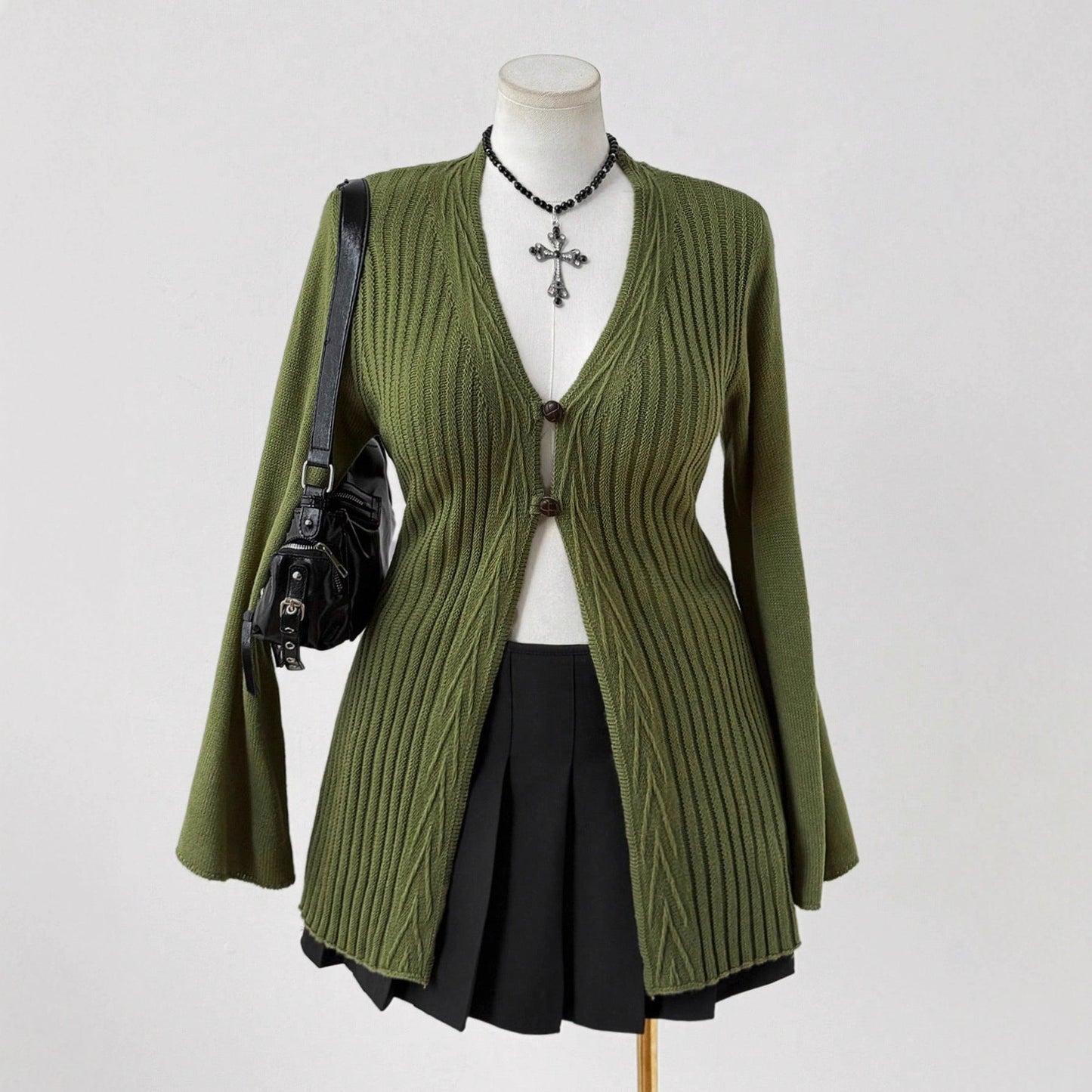 Ribbed Knit Cardigan with Flared Sleeves and Button Front