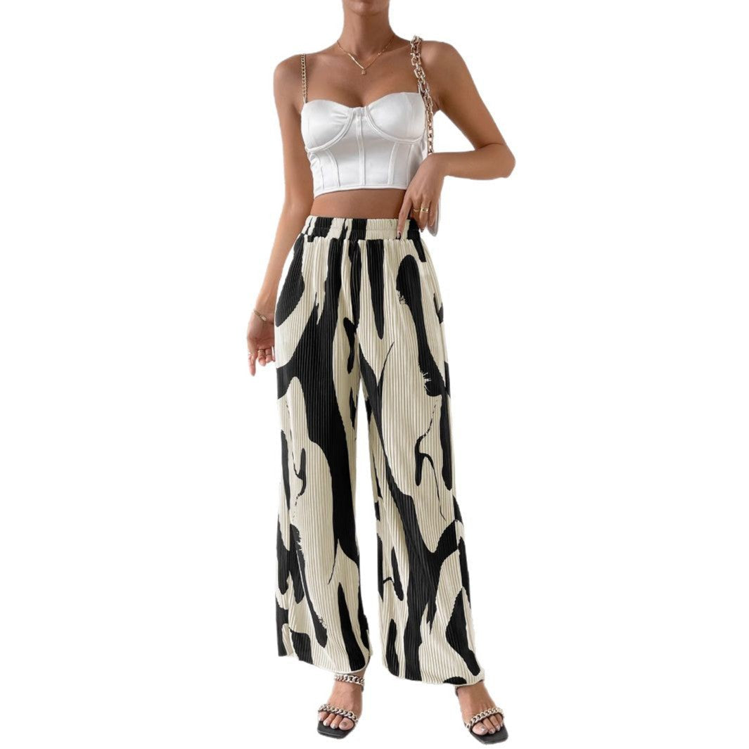 High-Waisted Plissé Wide-Leg Trousers with Abstract Print