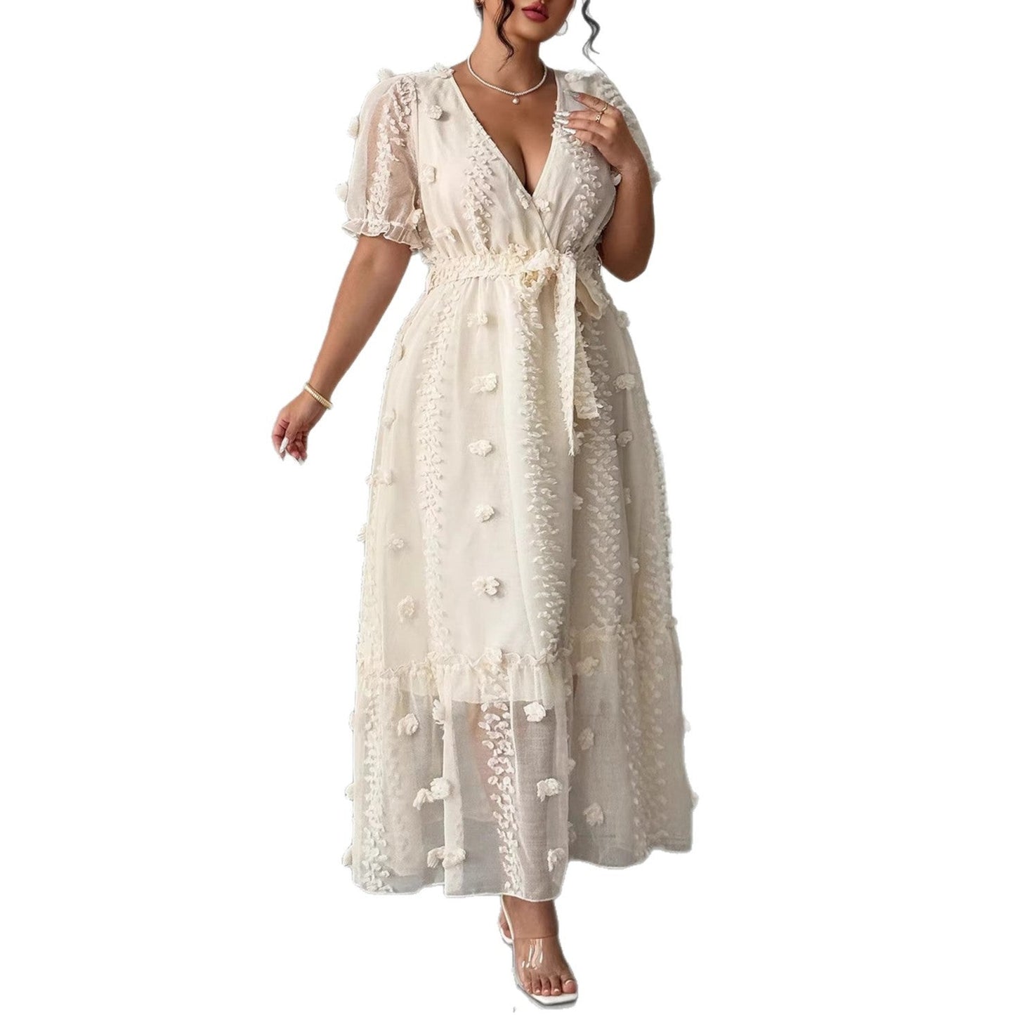 A-Line Maxi Dress with 3D Floral Applique and Puff Sleeves