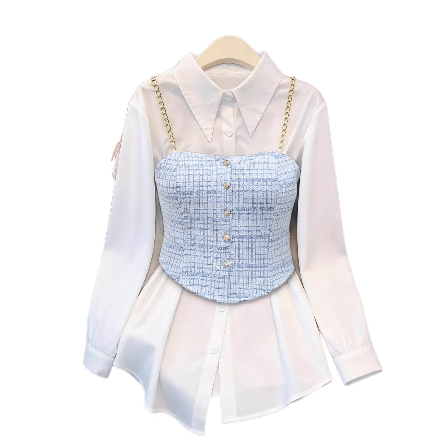 Plaid Tweed Layered Shirt with Chain Straps