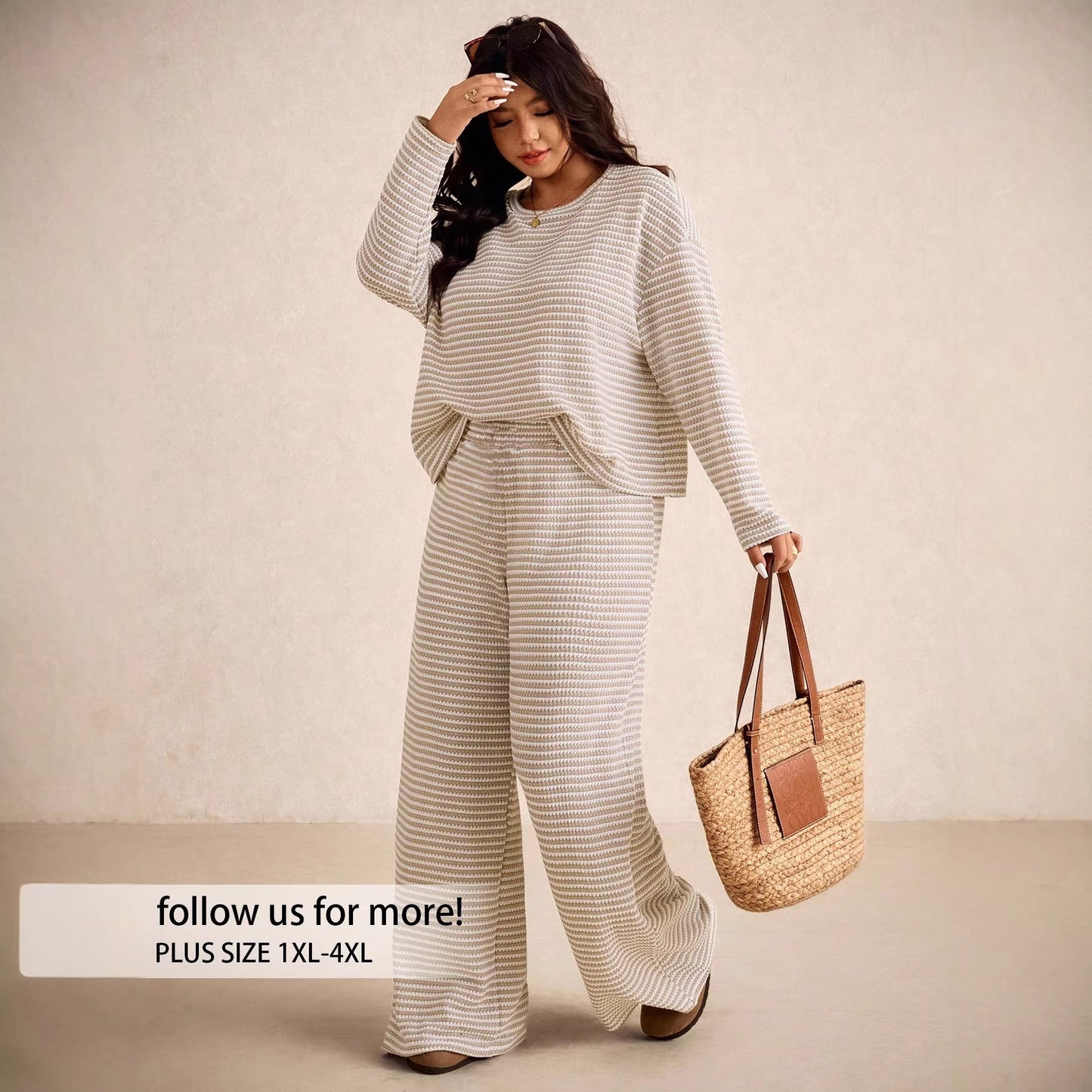 Striped Textured Knit Two-Piece Set with Wide-Leg Trousers