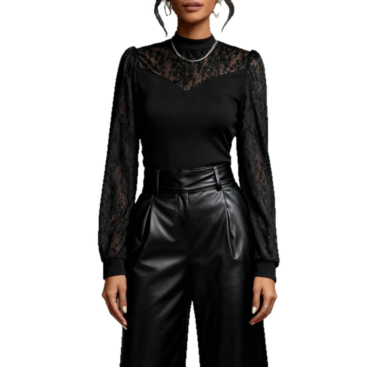 Mock Neck Long Sleeve Top with Sheer Lace Yoke and Sleeves