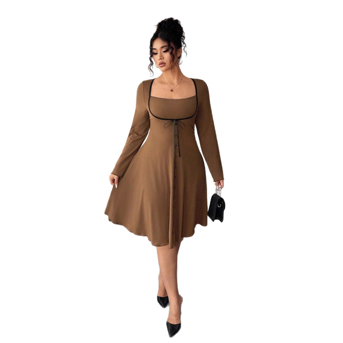 A-Line Umbrella Dress with Square Neck and Bow Detail