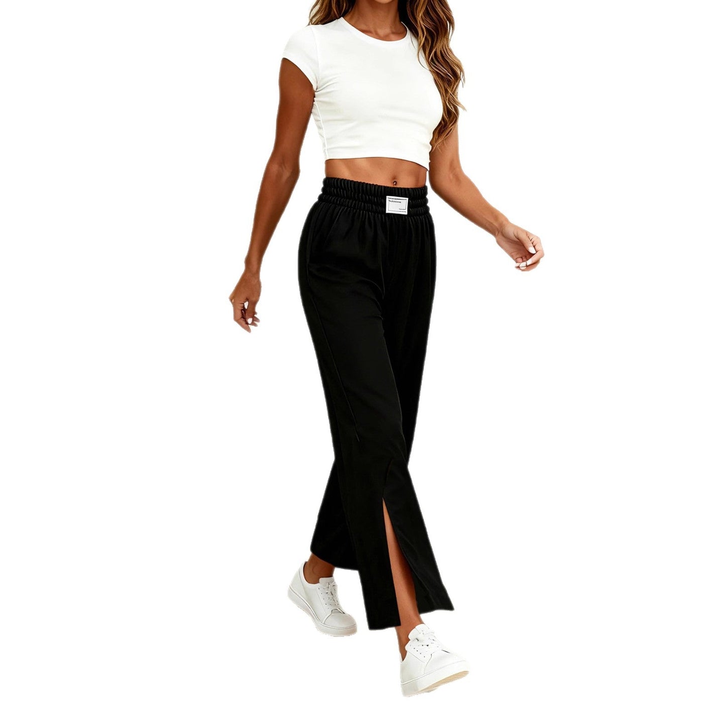 High-Waisted Wide-Leg Pants with Side Slits and Pockets