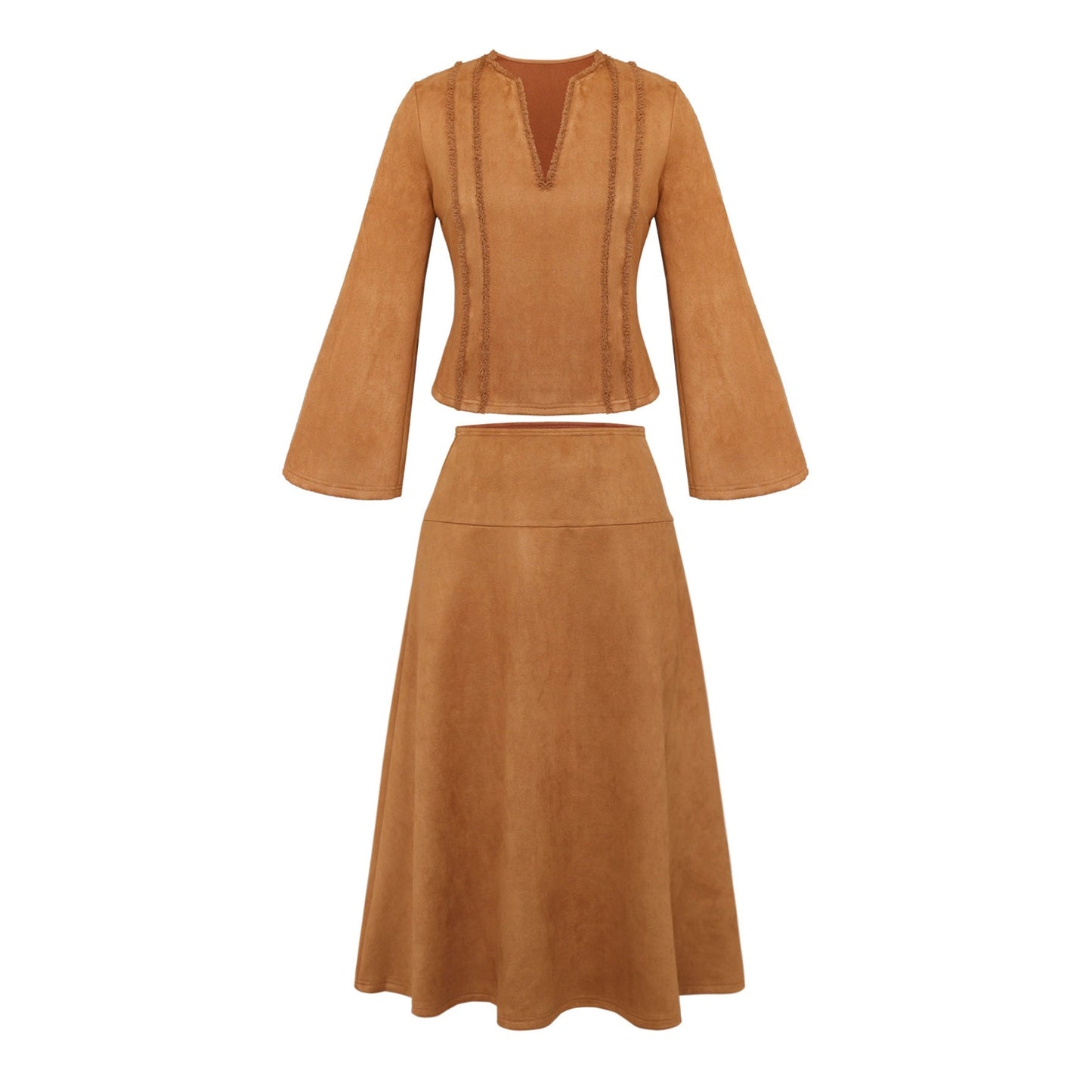 Faux Suede A-Line Two-Piece Skirt Set with Bell Sleeves