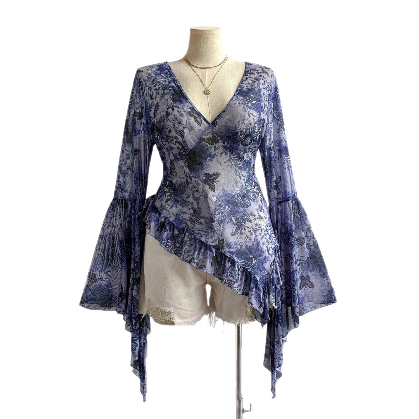 Butterfly Print V-Neck Top with Bell Sleeves and Asymmetric Hem