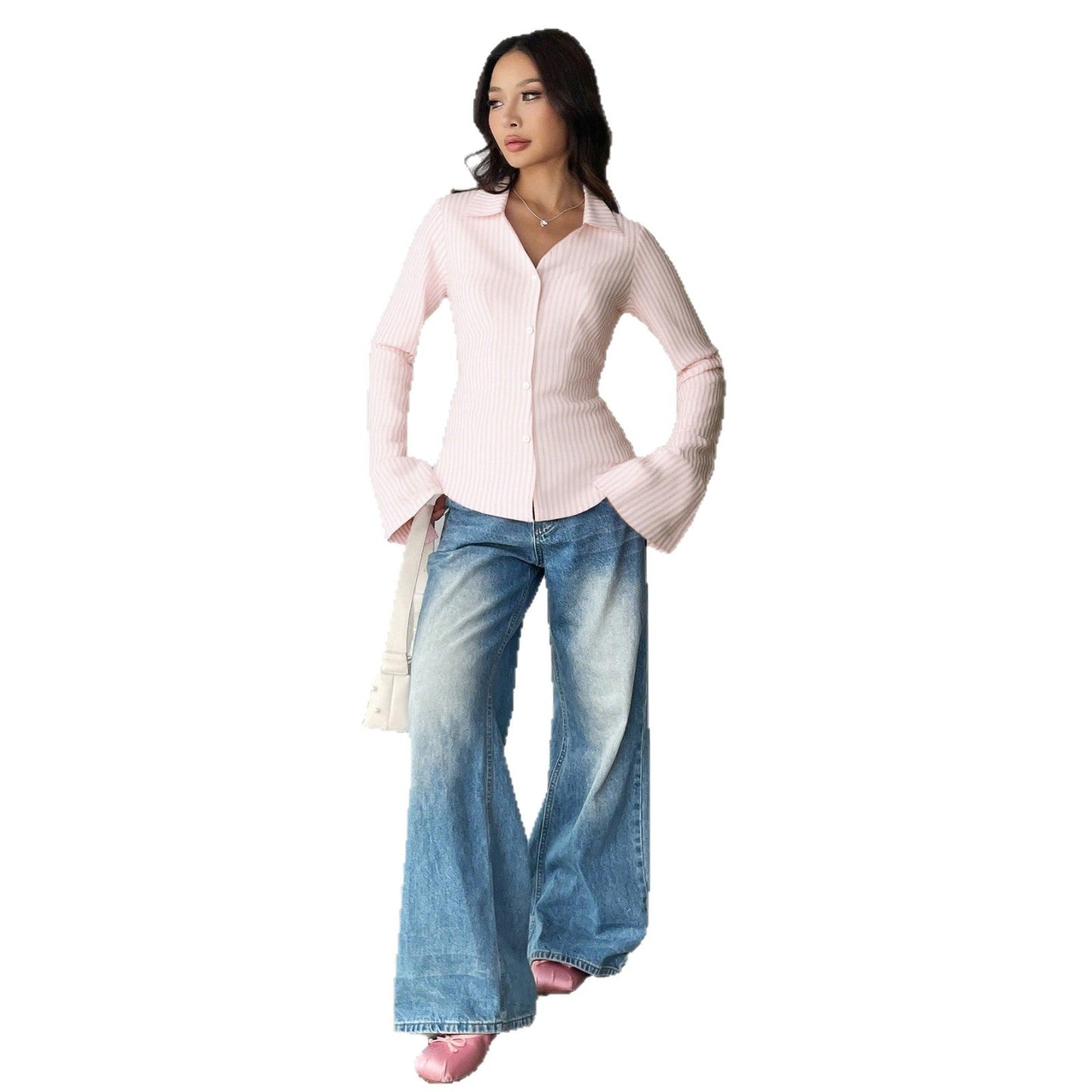 Slim Fit Ribbed Cardigan with Collared V-Neck and Bell Sleeves