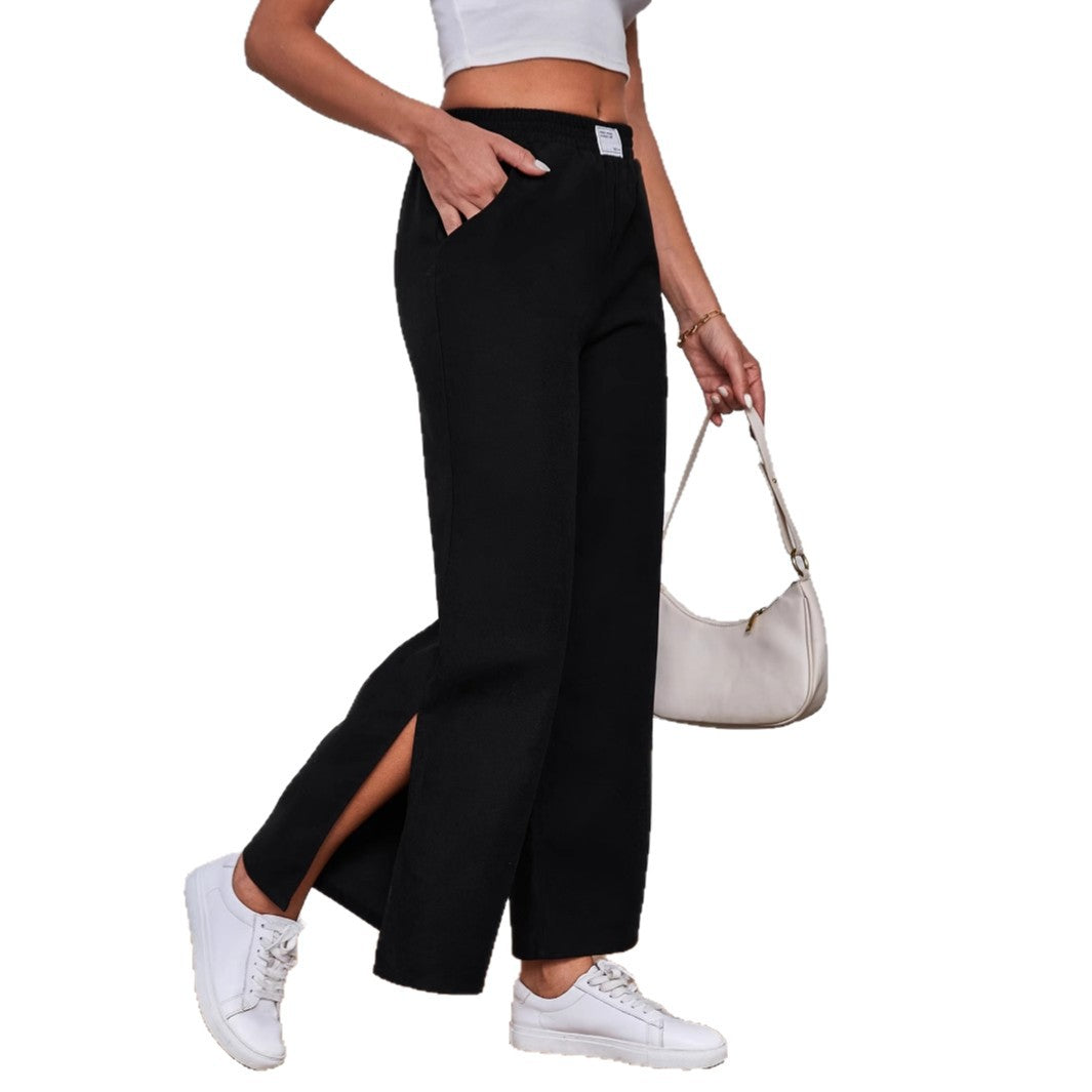 Wide-Leg Trousers with Side Slits and Elastic Waist