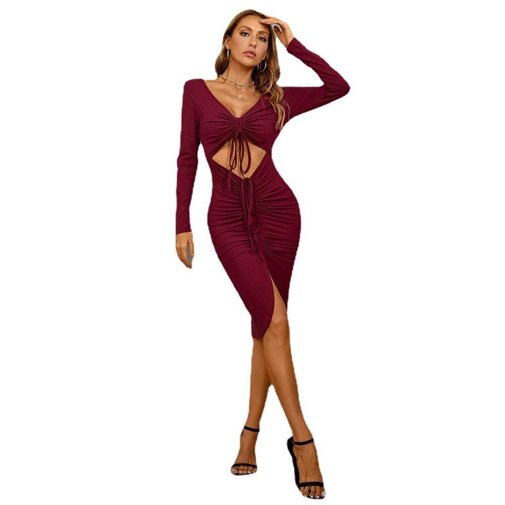 Bodycon Midi Dress with Front Cut-out and Drawstring Detail