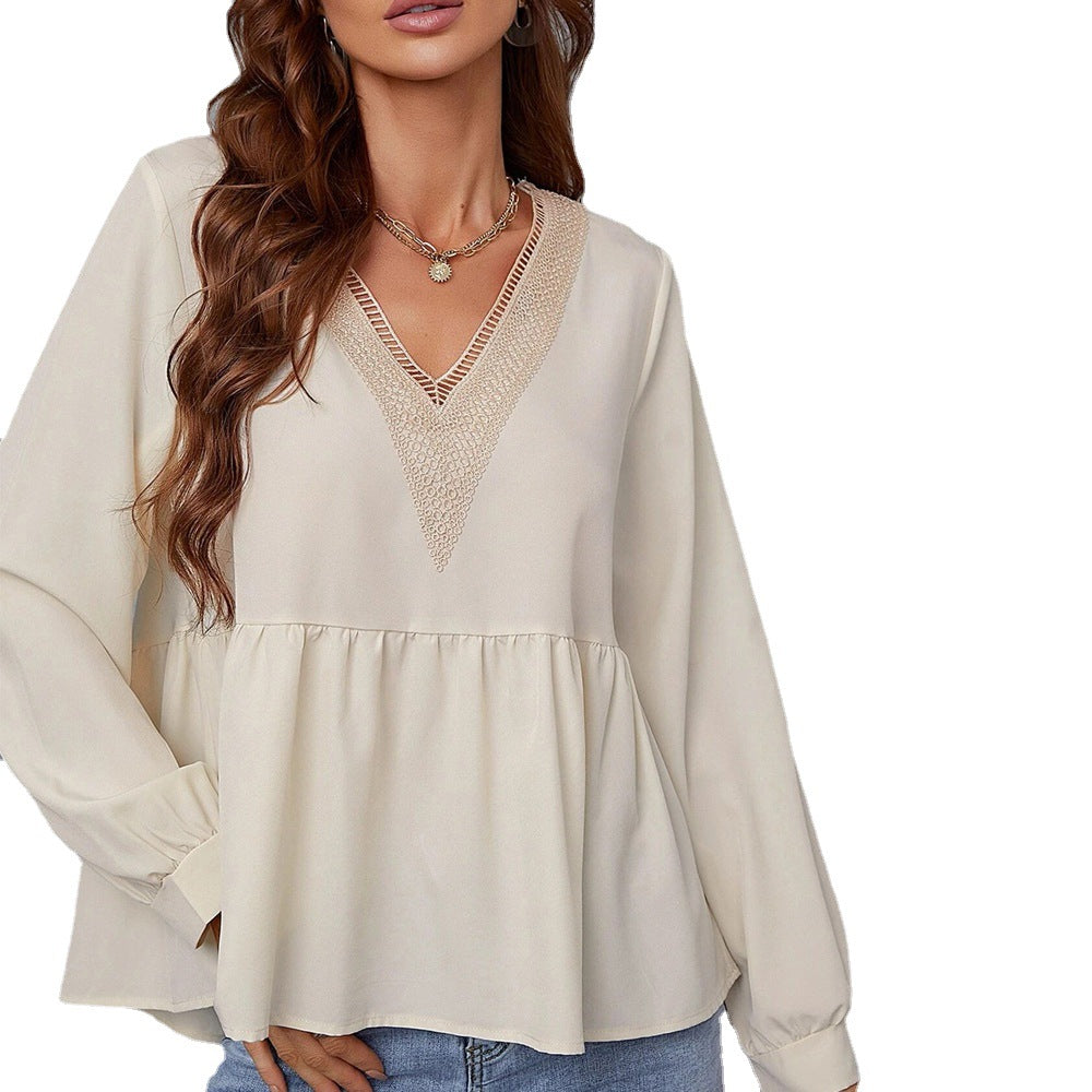 Loose Peplum Blouse with Lace V-Neck and Long Sleeves