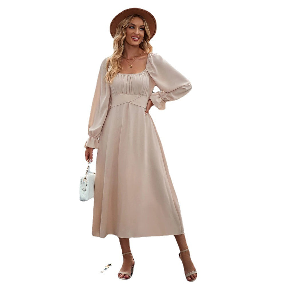 Solid A-Line Midi Dress with Square Neck and Bubble Sleeves