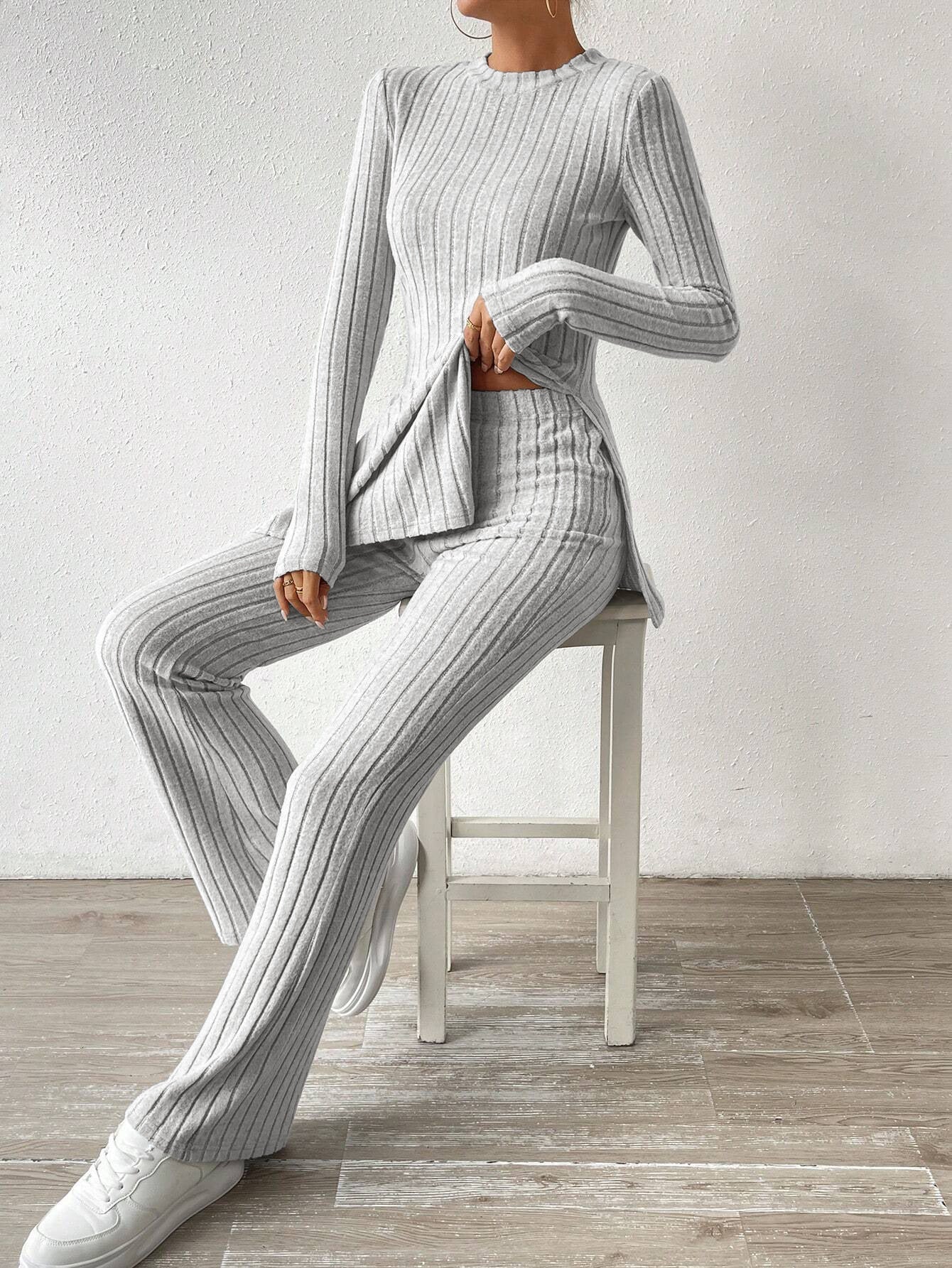 Ribbed Knit Two-Piece Set with Side Slit Long Sleeve Top