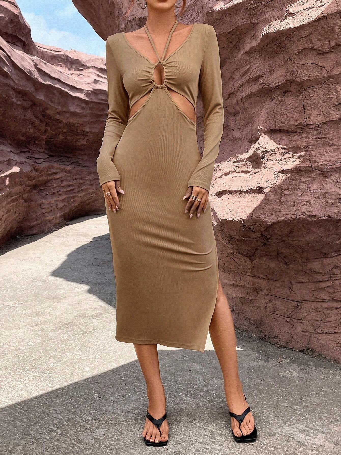 Long Sleeve Bodycon Midi Dress with Halter Neck and Cut-Outs