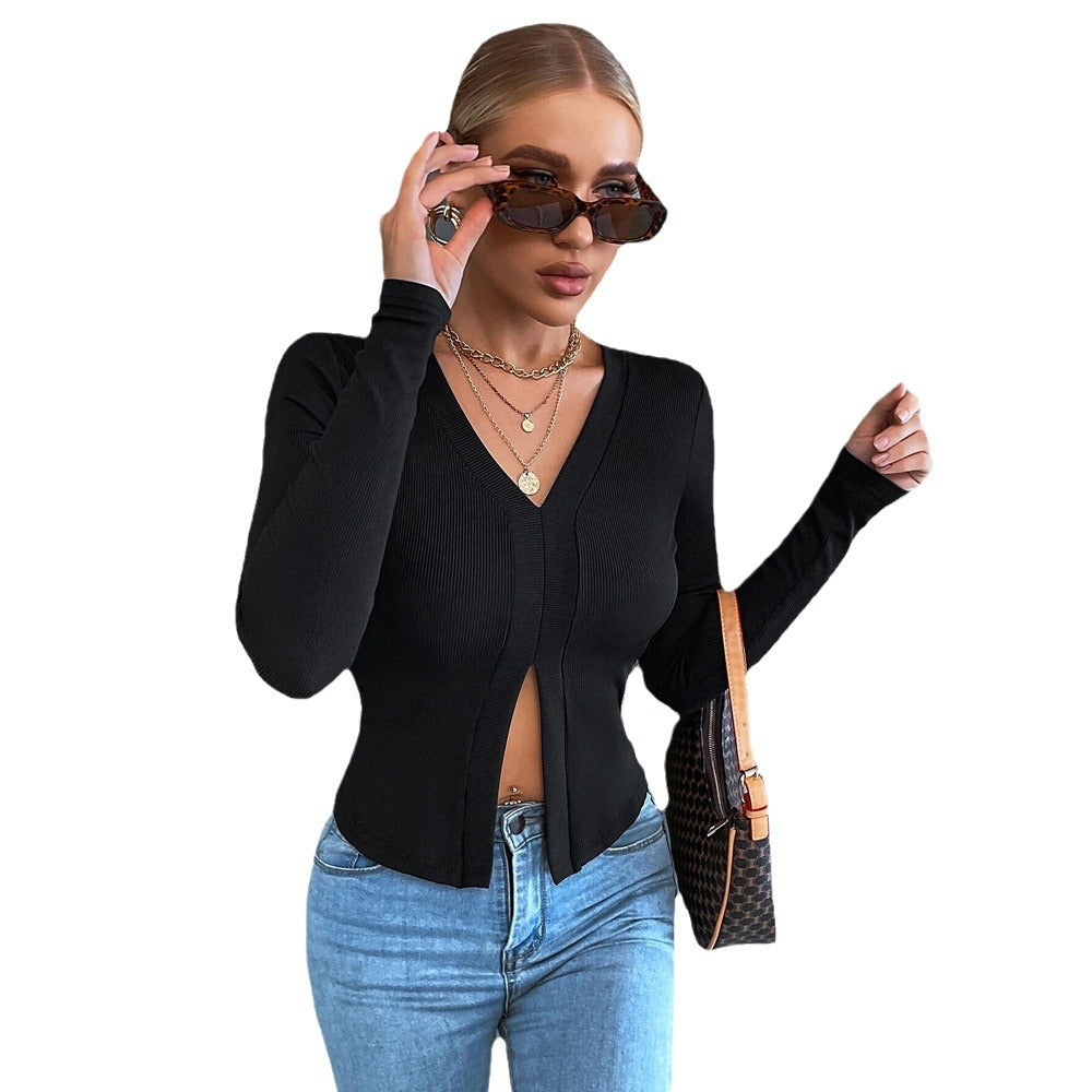 Slim Fit Ribbed Long Sleeve Top with V-Neck and Front Slit