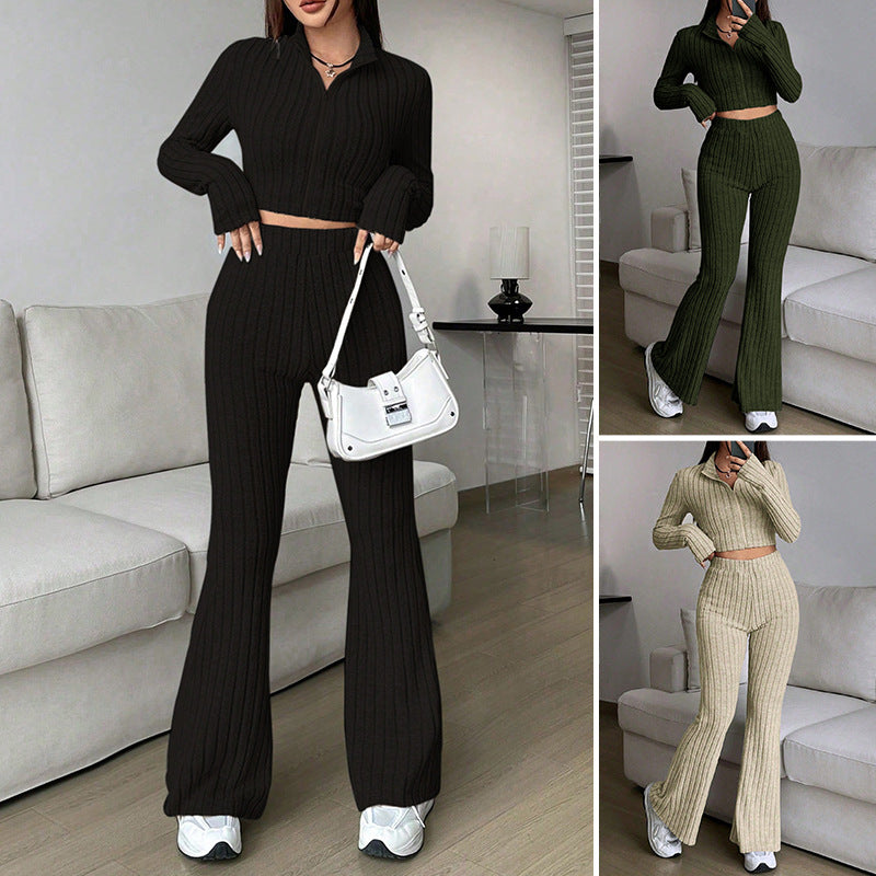 Ribbed Knit Two-Piece Set with Cropped Zip Top and Wide-Leg Pants