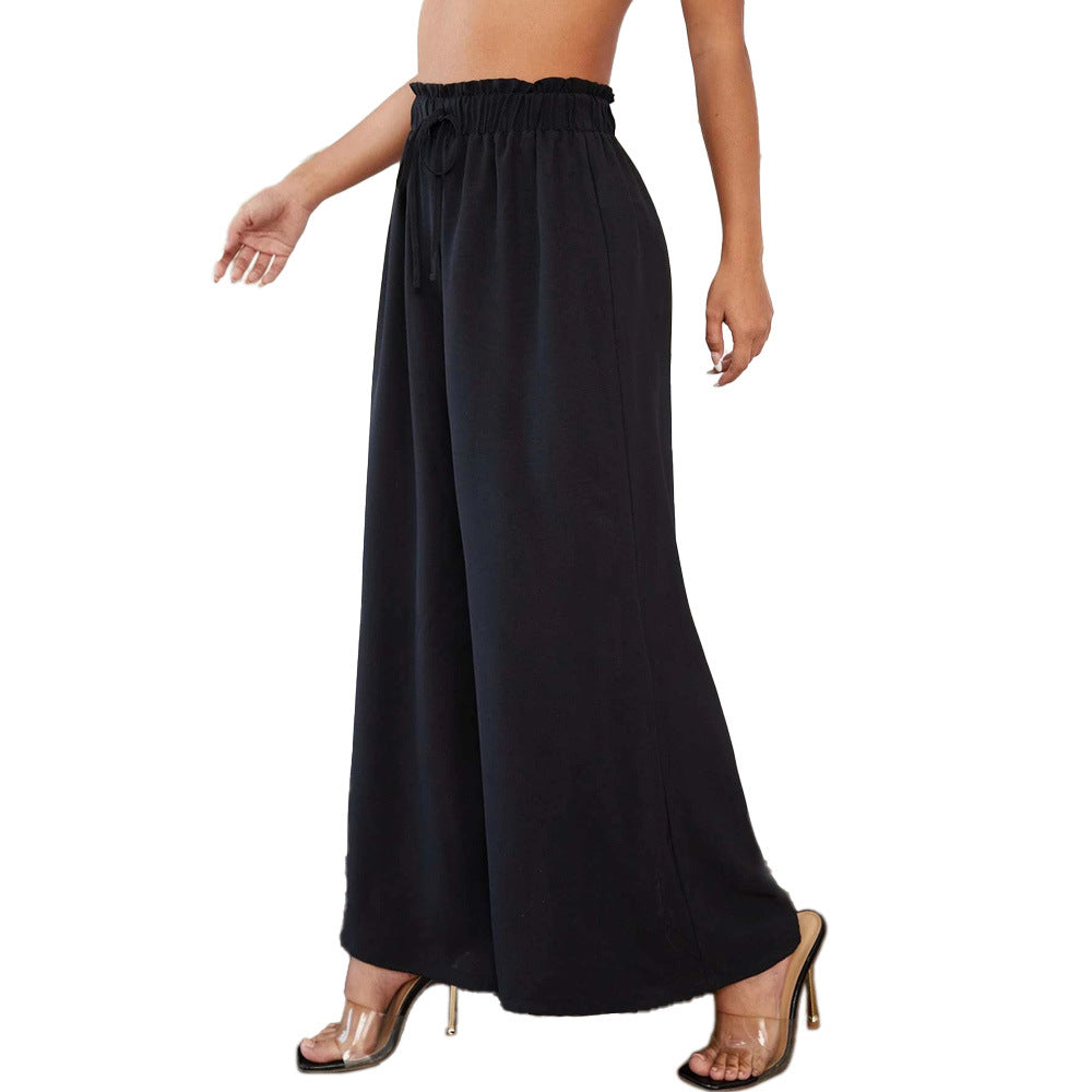 Wide-Leg Straight Pants with High Elastic Waist