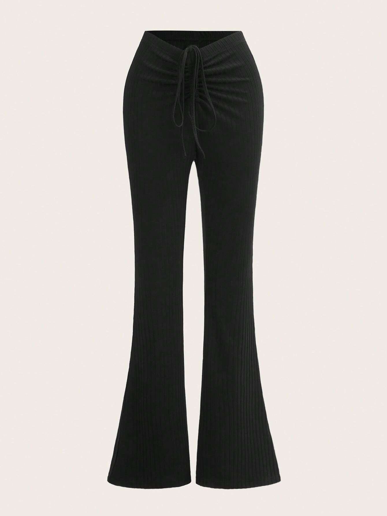 Ribbed Flare-Leg Trousers with Ruched Drawstring Waist
