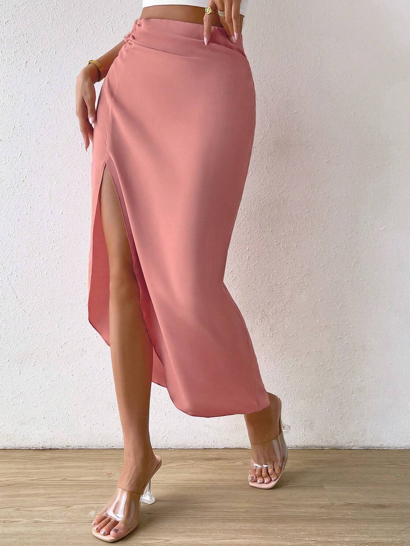 Ruched Midi Skirt with High Side Slit and Asymmetrical Hem
