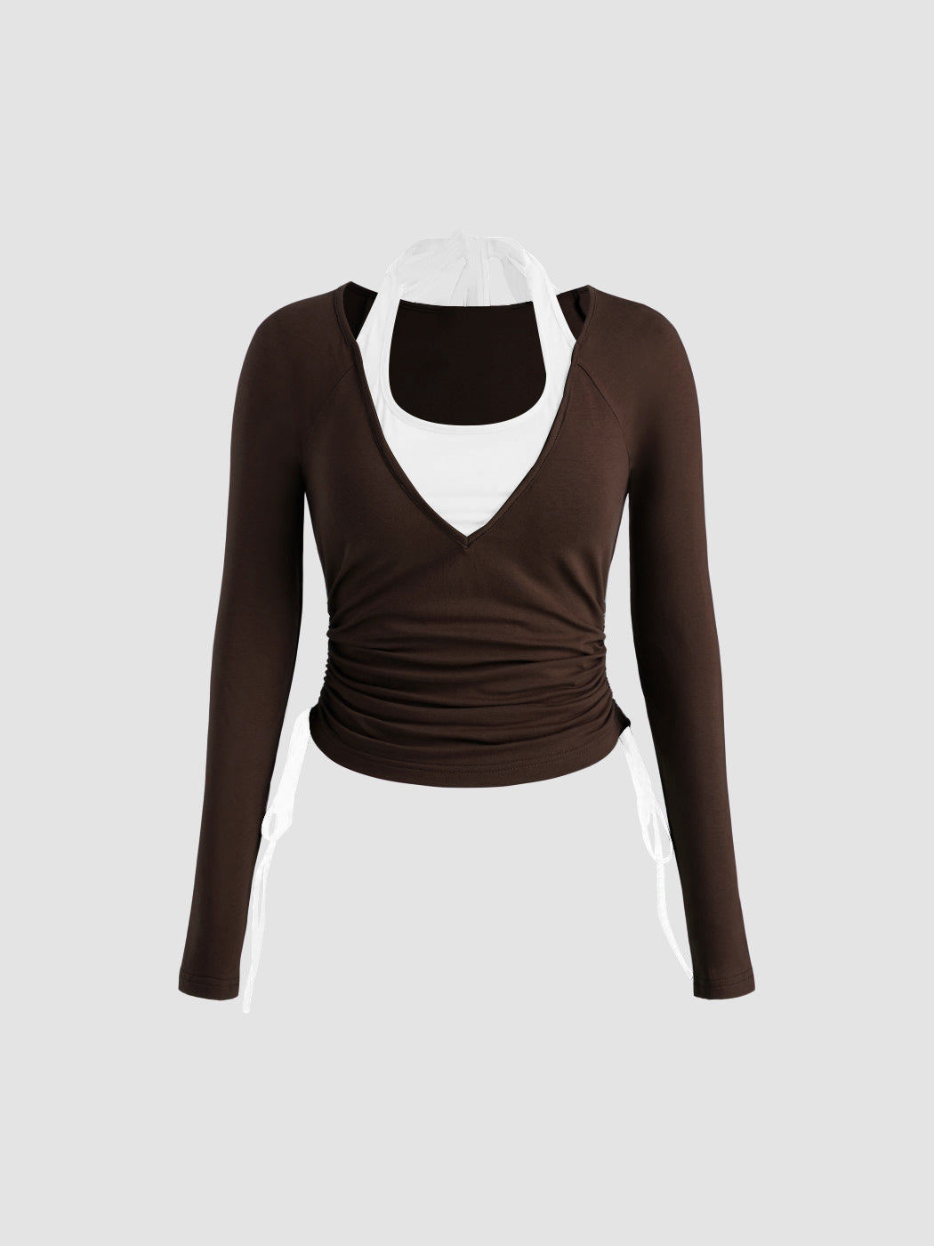 Ruched Long Sleeve Top with Contrast Halter Neck and Lace-Up