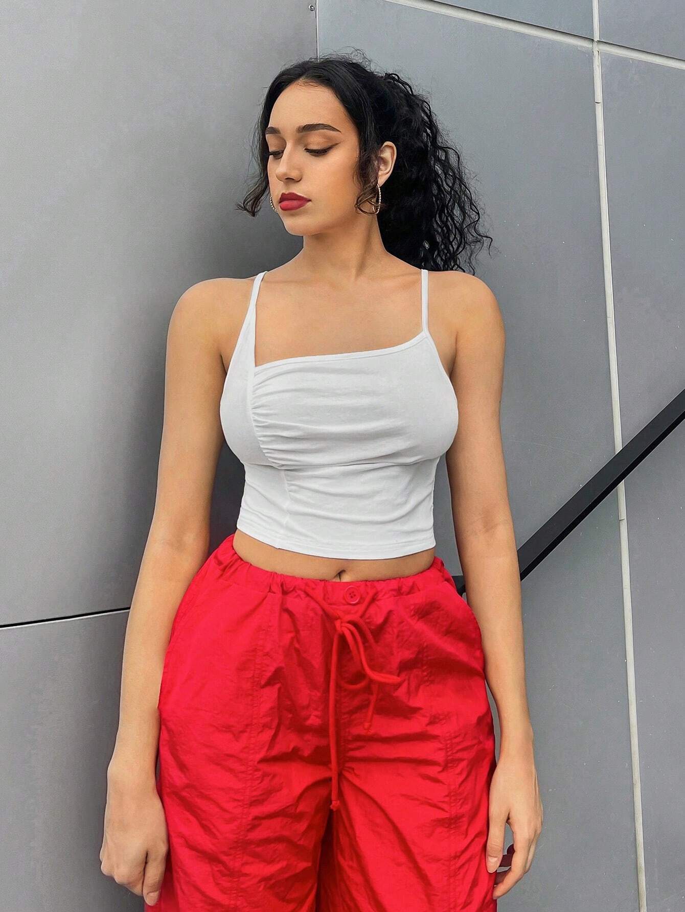 Slim Fit Ruched Crop Top with Asymmetrical Neckline