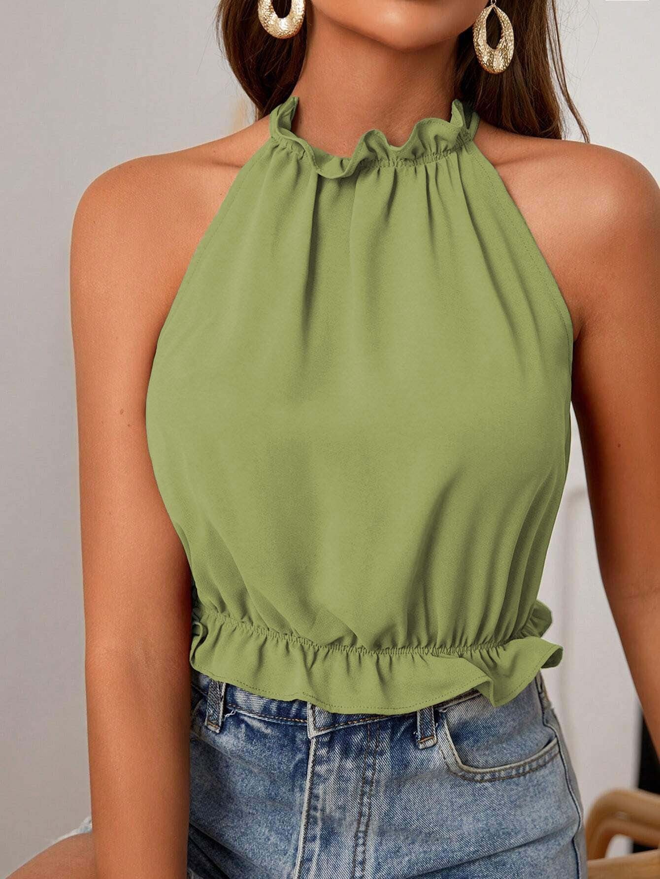 Cropped Halter Top with Ruffle Collar and Smocked Hem