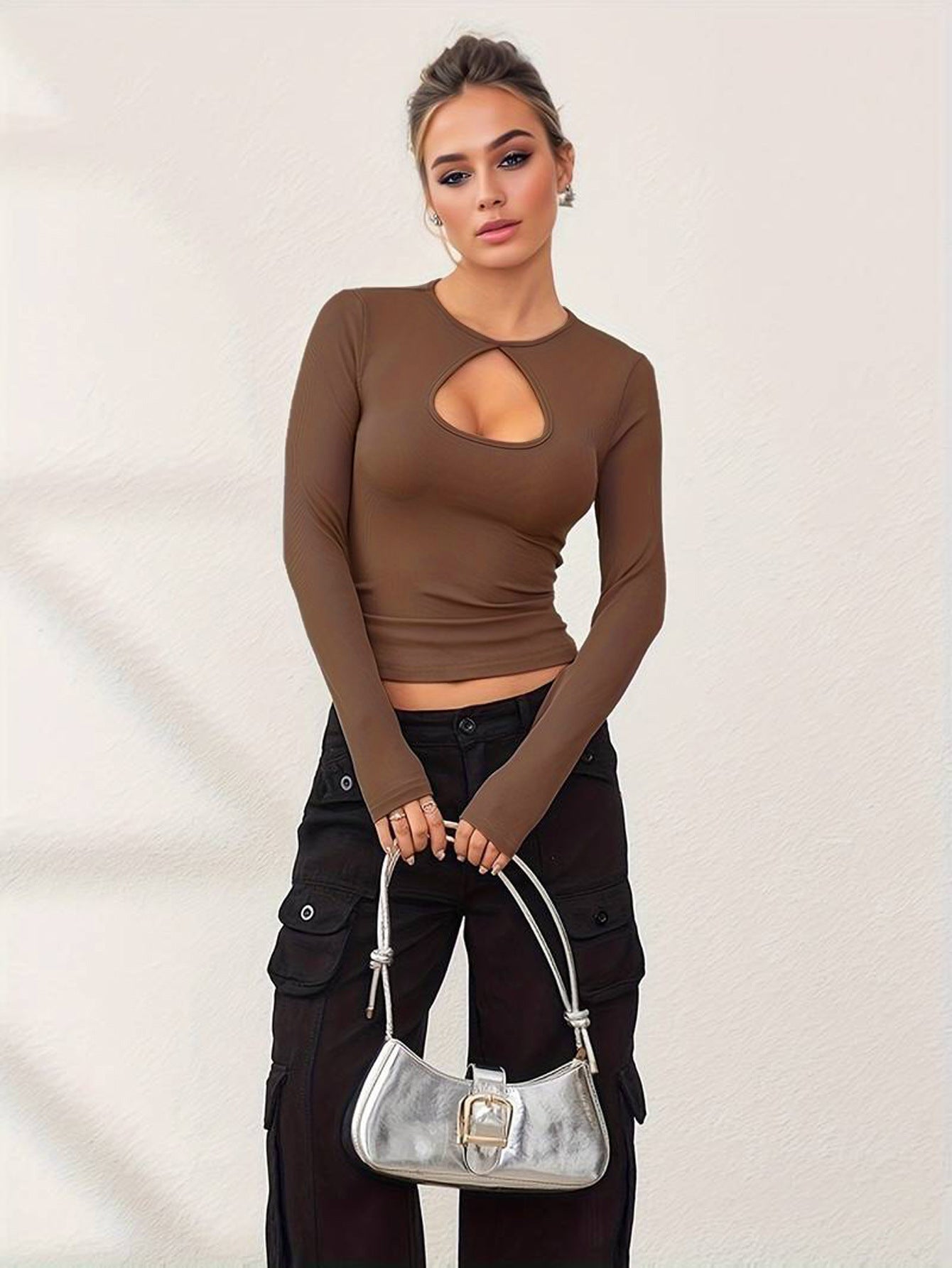 Slim Fit Ribbed Top with Teardrop Front Cutout