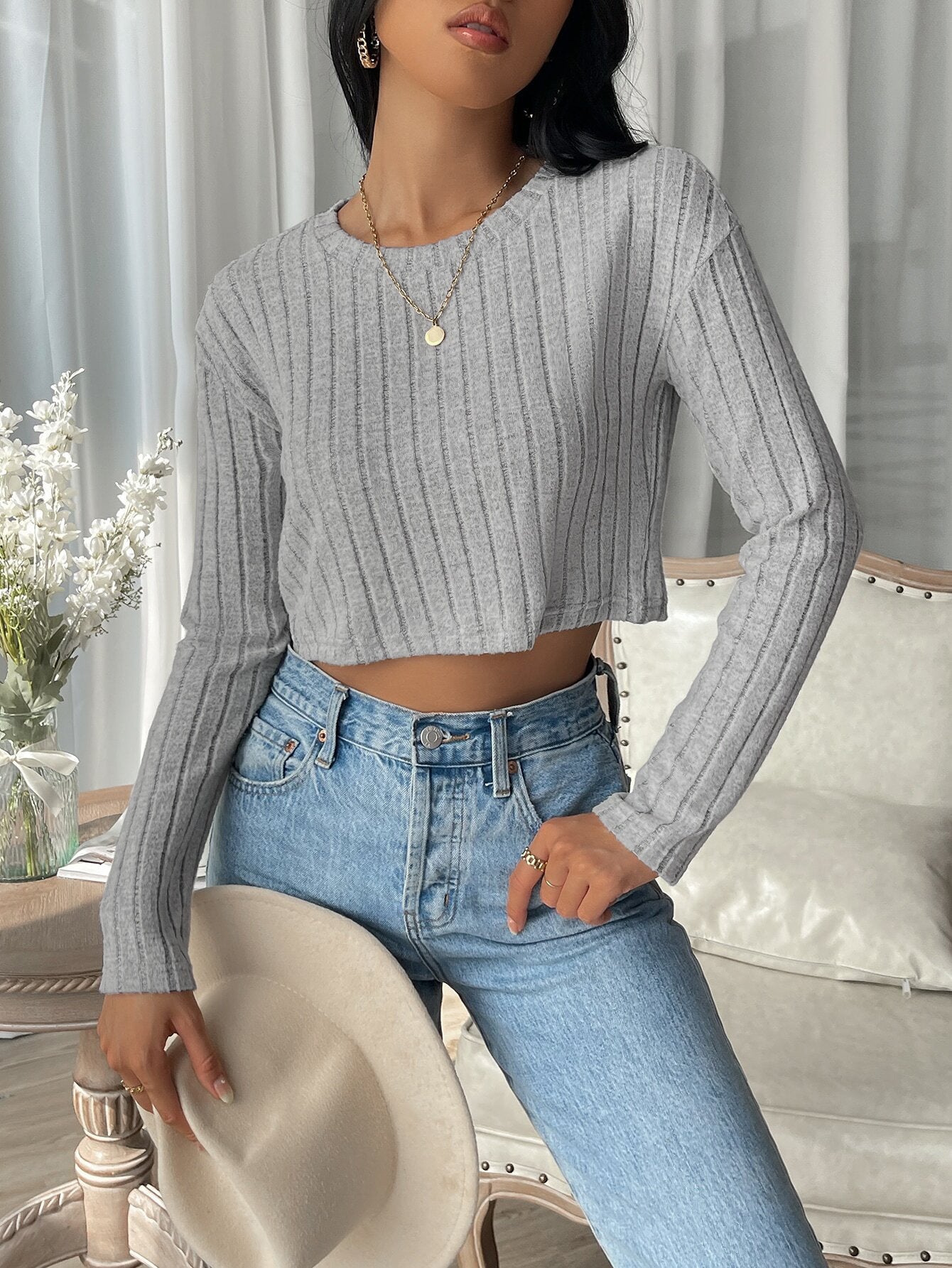 Ribbed Long Sleeve Crop Top with Crewneck