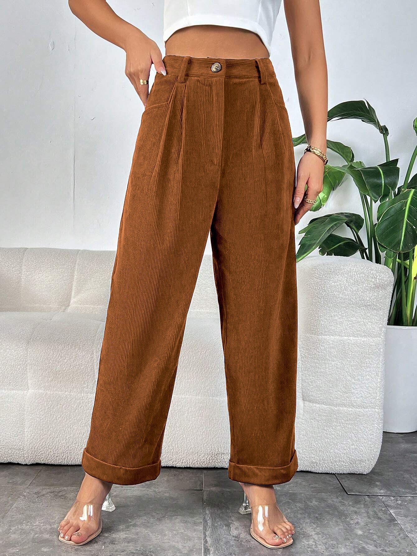High-Waist Straight-Leg Corduroy Trousers with Pleated Front