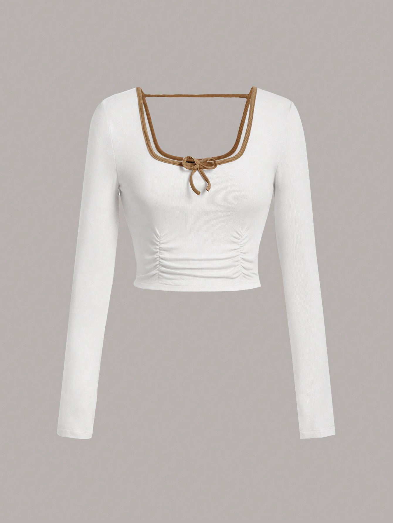 Ruched Long Sleeve Crop Top with Square Neck and Bow Detail