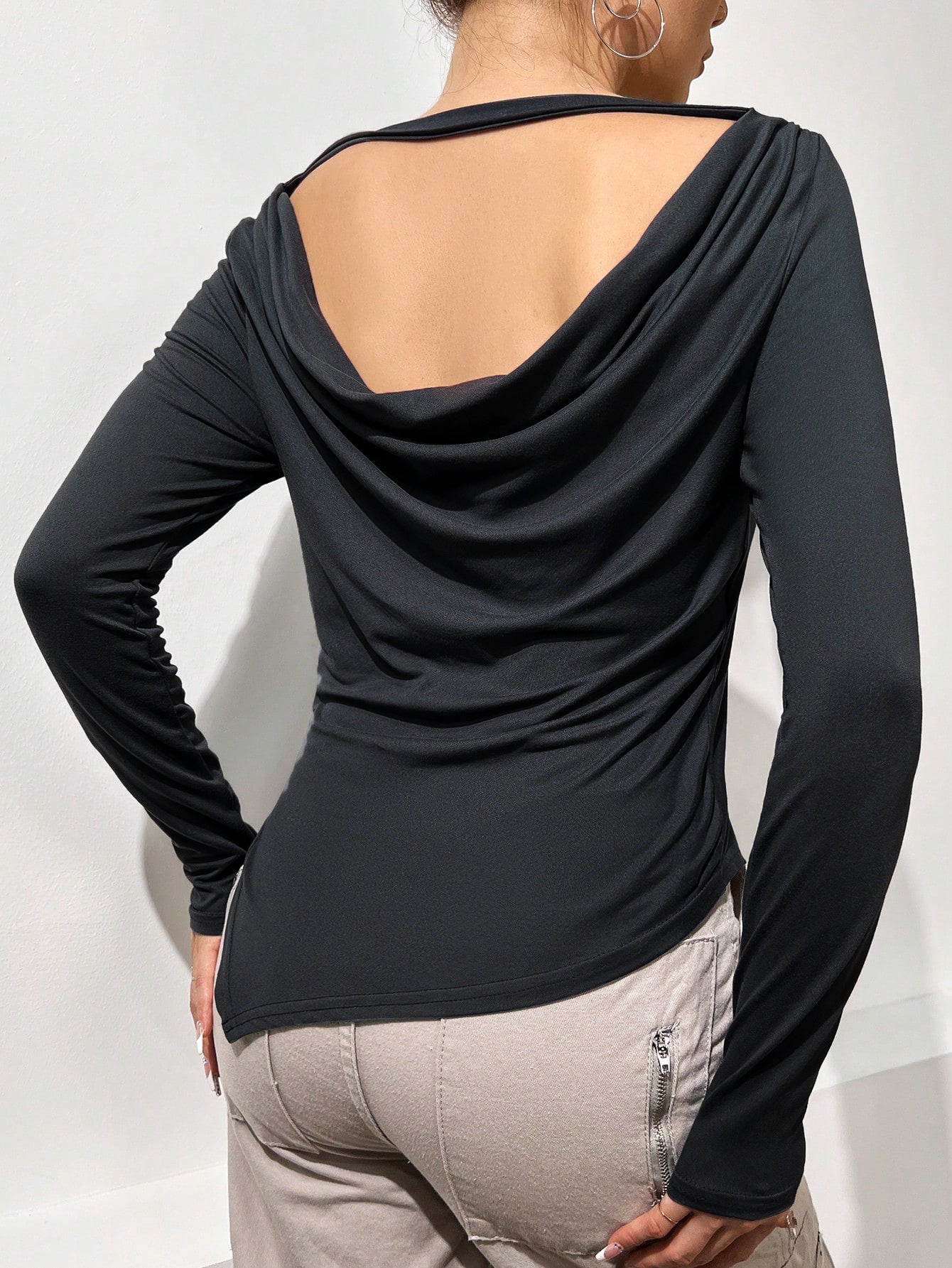 Solid Long Sleeve Top with Draped Cowl Back and Asymmetrical Hem