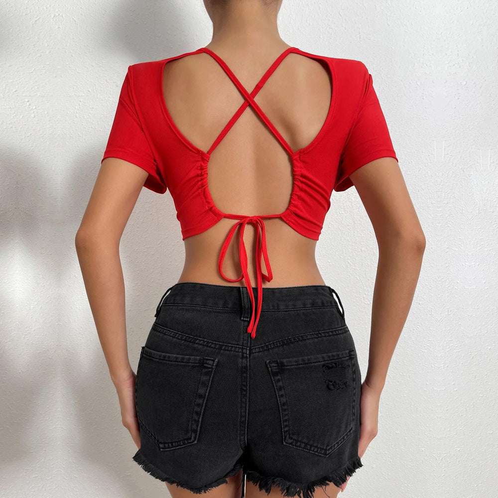 Cropped Short-Sleeve Top with Crisscross Backless Detail