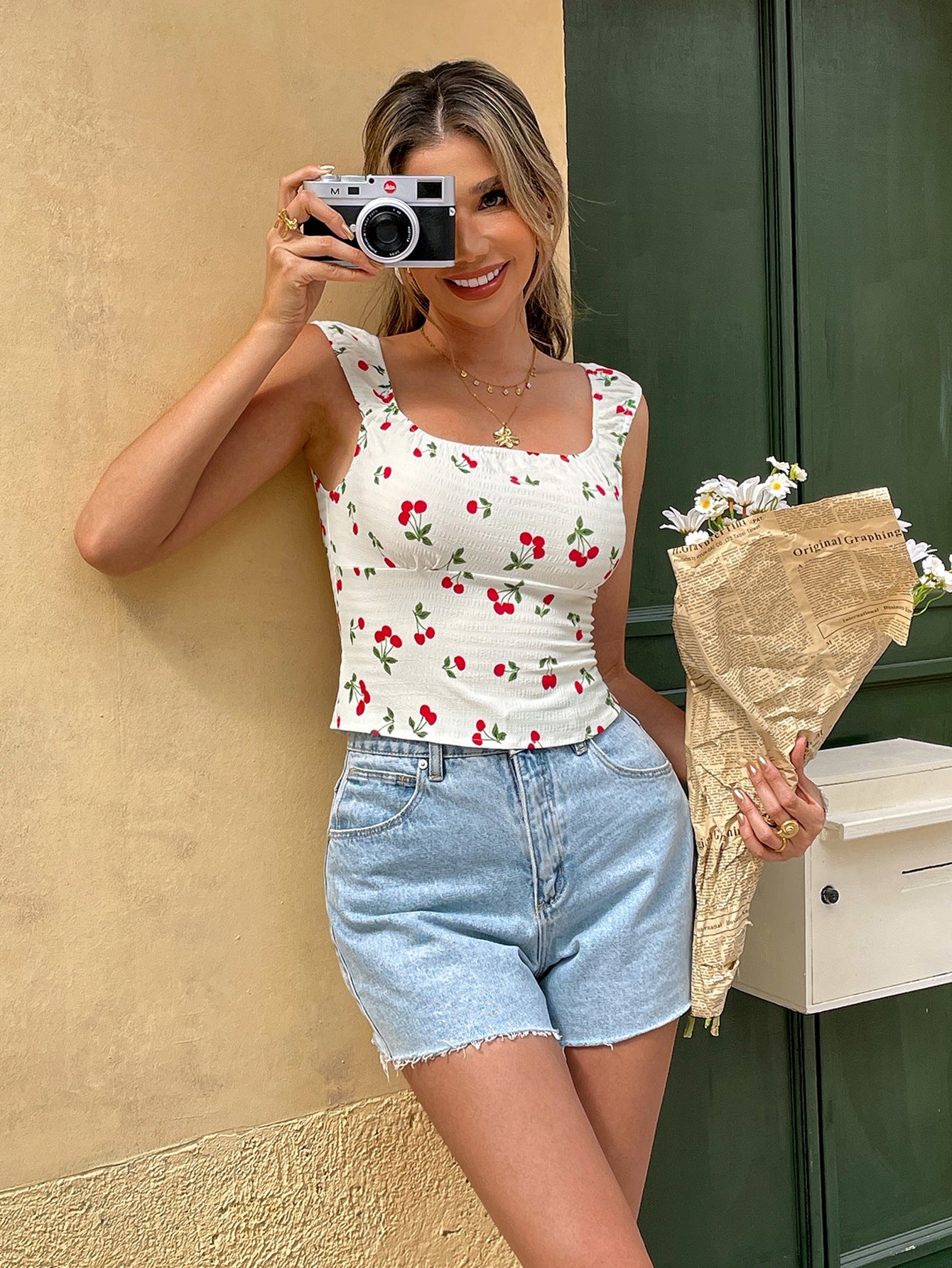 Smocked Cherry Print Top with Square Neck and Ruffle Straps