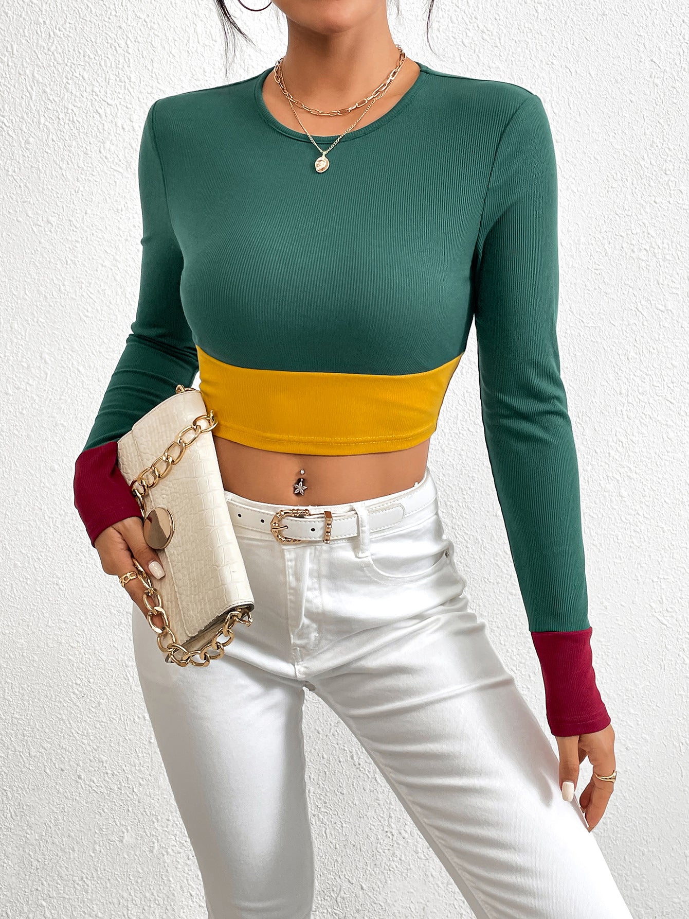 Color-Block Ribbed Cropped Top with Long Sleeves