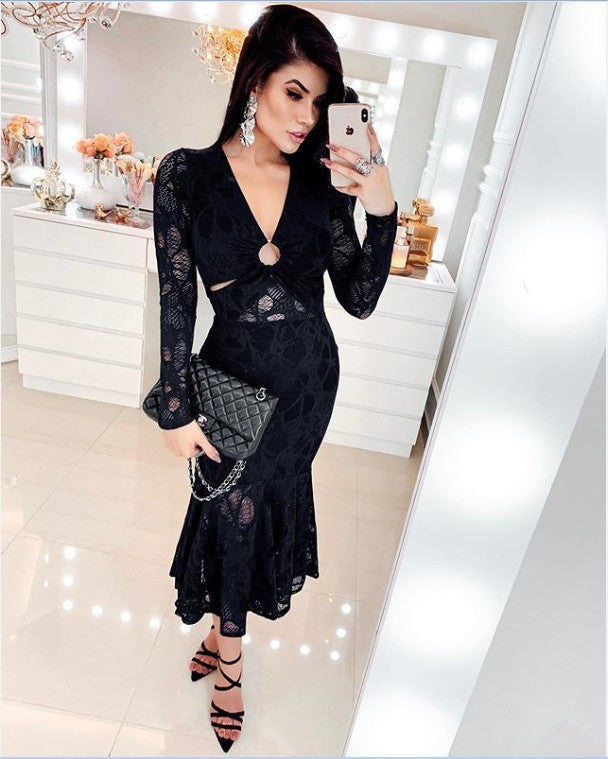 Lace Bodycon Midi Dress with Deep V-Neck and Waist Cutouts