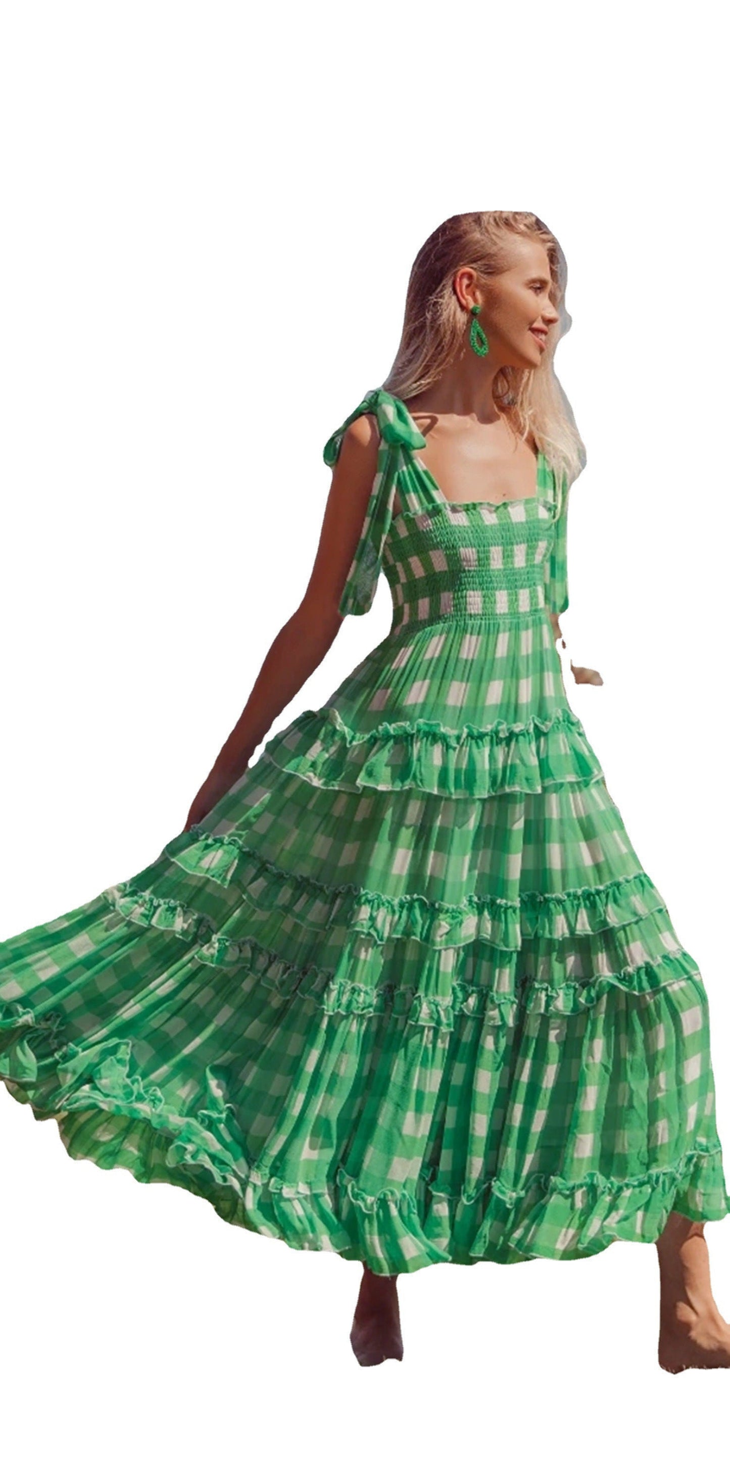 Gingham Maxi Dress with Shirred Bodice and Tie Straps