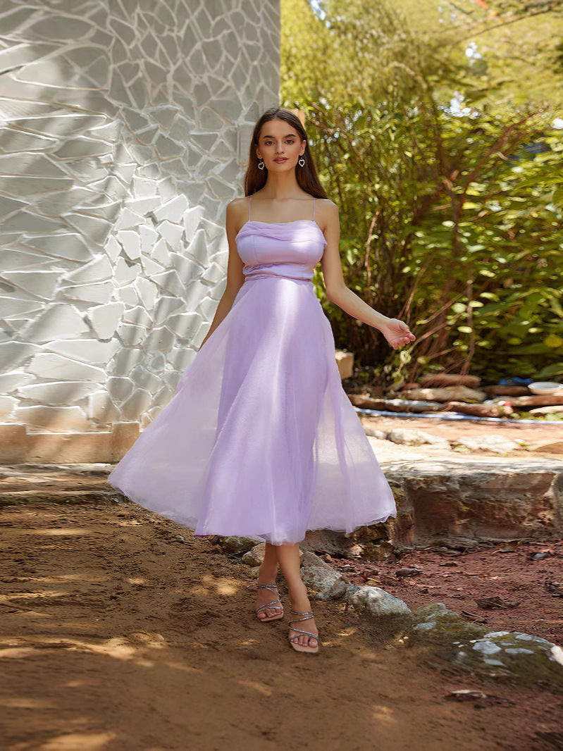 A-Line Midi Dress with Spaghetti Straps and Gauze Overlay