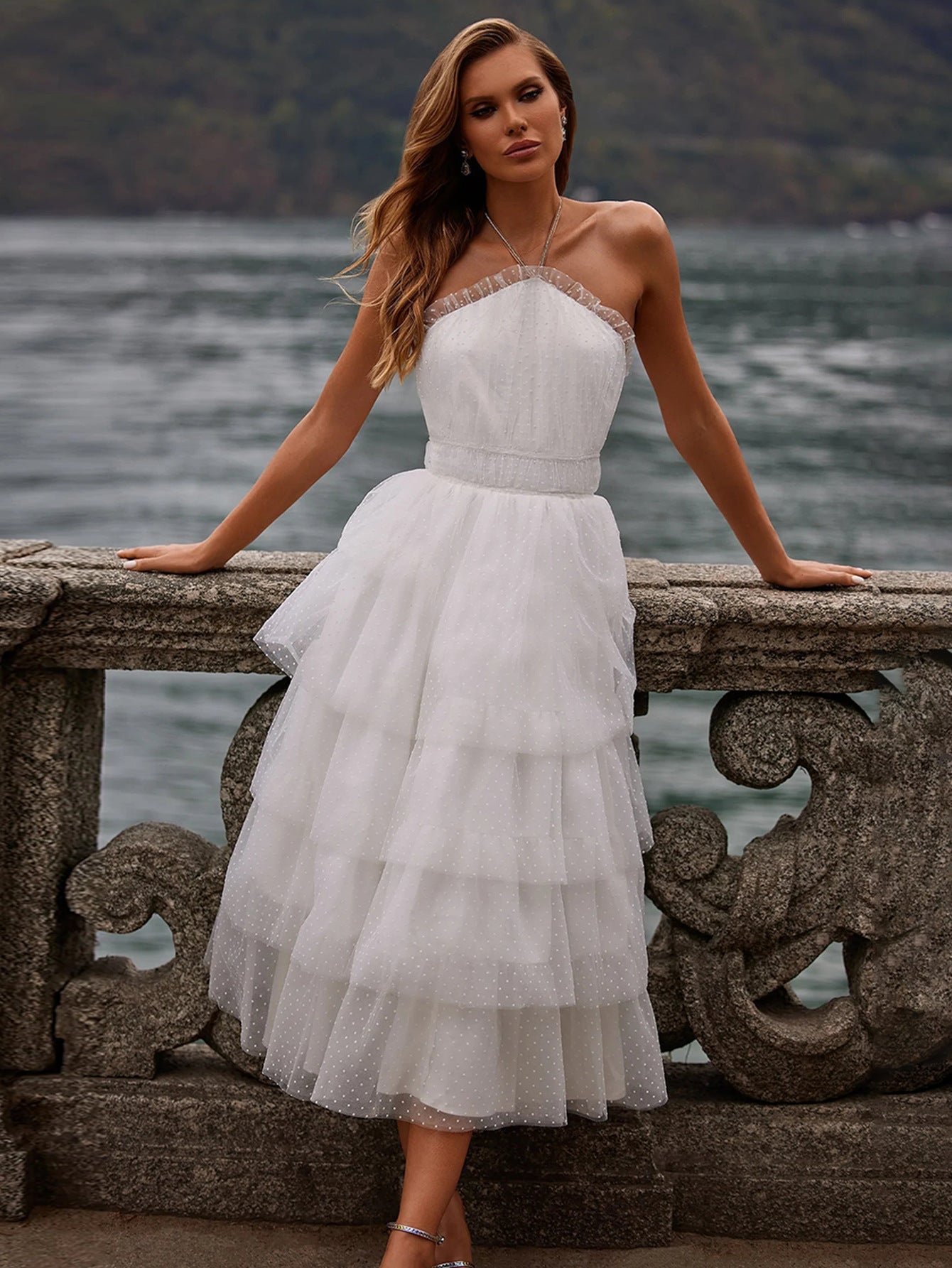 Tiered Dotted Tulle Midi Dress with Halter Neck